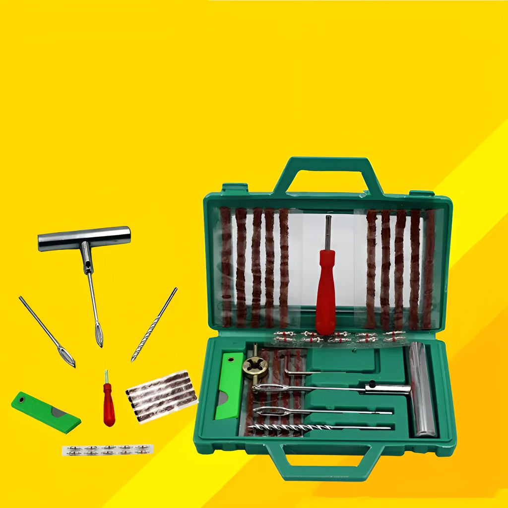 Car tyre repair kit with rubber strips, drill pin, solid handle, wrenches and storage box