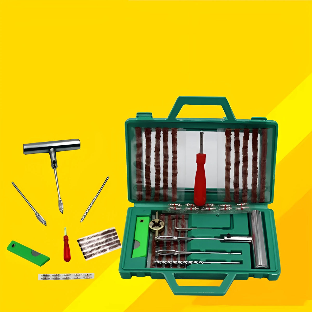 Car tyre repair kit with rubber strips, drill pin, solid handle, wrenches and storage box