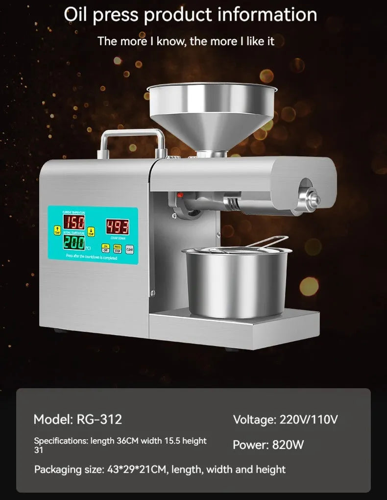 Xiangwei RG-311 and RG-312 household oil press, 820W, compact 36cm countertop model with digital display option.