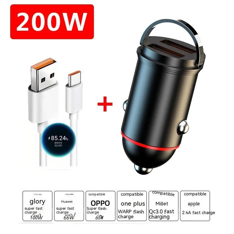 Black zinc alloy car charger with 200W super fast charging capability and compact 38mm design