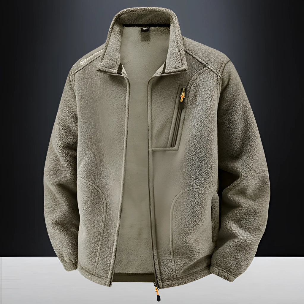 Men's warm padded jacket with polar fleece lining, loose casual cardigan style, available in six colours.