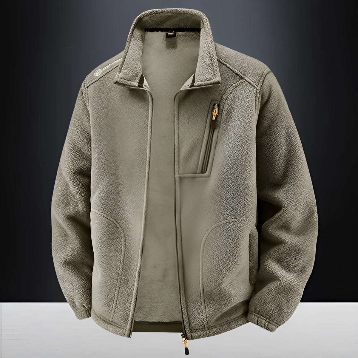 Men's warm padded jacket with polar fleece lining, loose casual cardigan style, available in six colours.