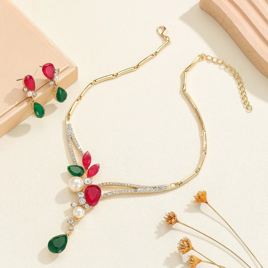 Colourful Indian style alloy pearl earrings and necklace set for women