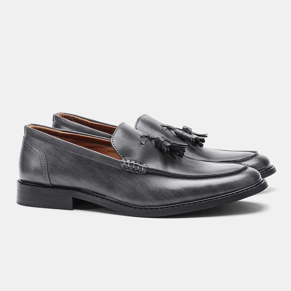 Wood grain tassel loafers, low-top slip-on formal shoes with leather toe cap, PU upper, men's footwear