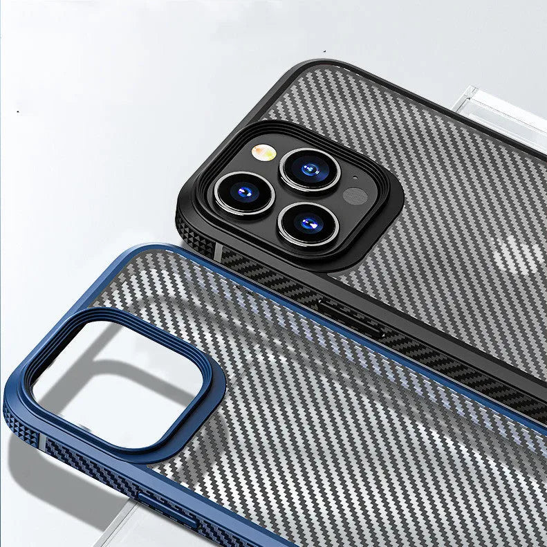 Black and blue carbon fibre pattern anti-fall protective case for Apple iPhone 13, 13 Pro, and 13 Pro Max phones