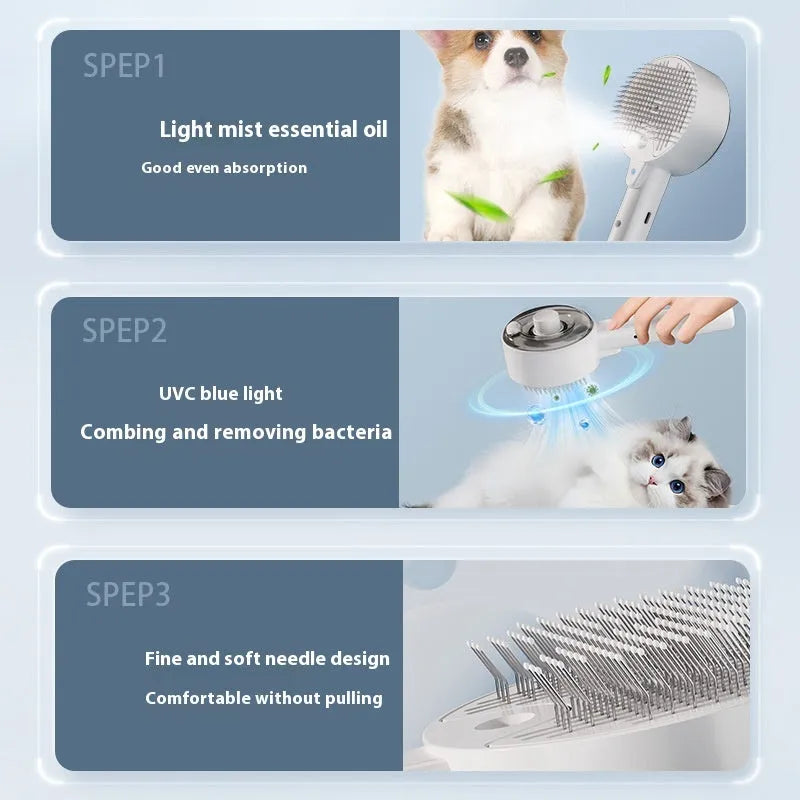 Ceramic white pet grooming brush with UV sterilisation light and spray function for dogs and cats