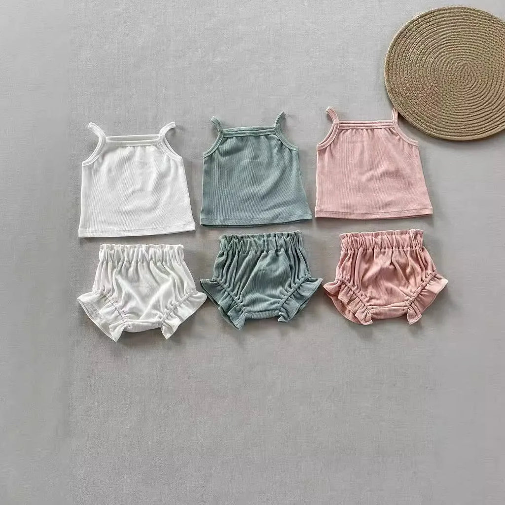 PP thin rib cotton baby girls' two-piece shorts set in coral pink with pullover blouse