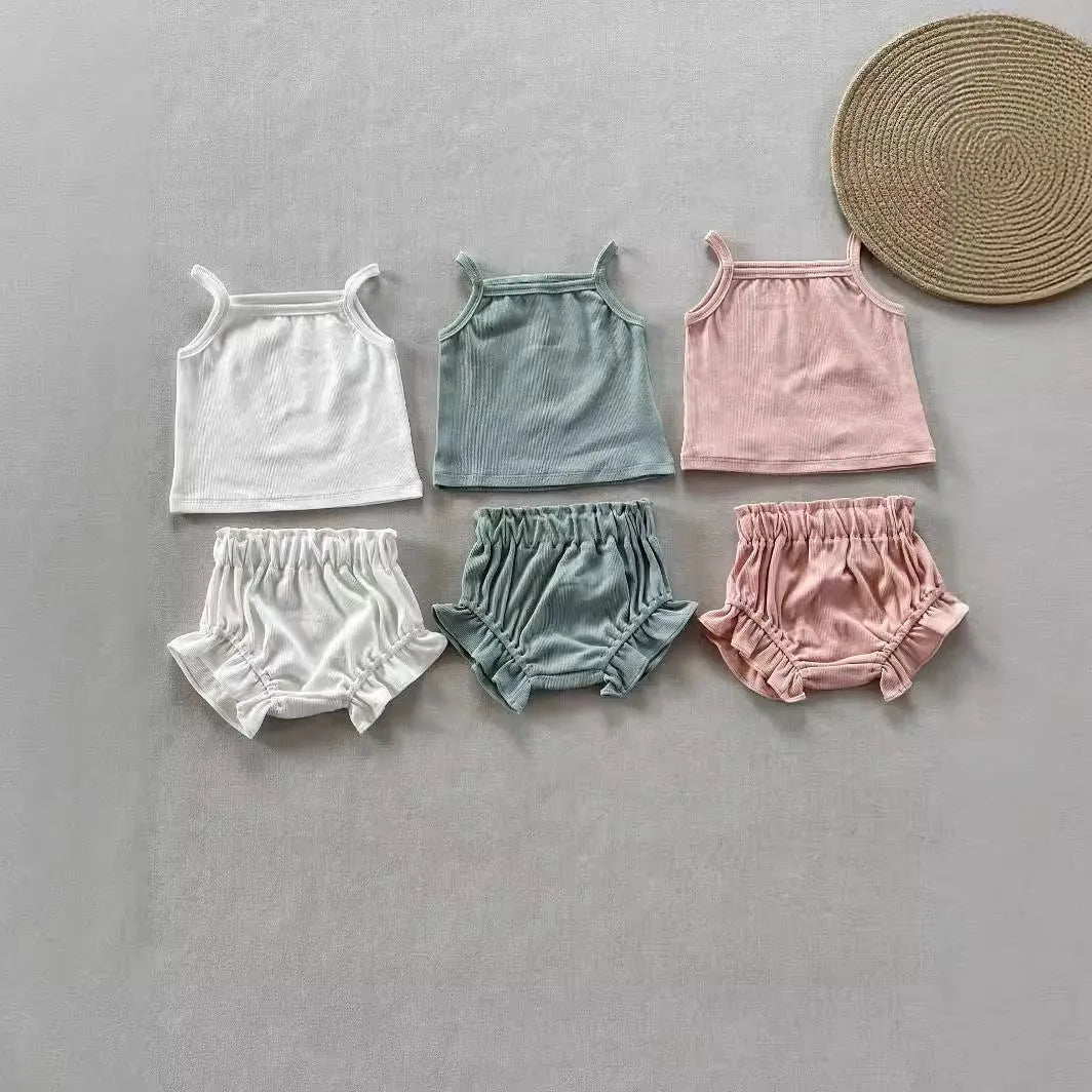 PP thin rib cotton baby girls' two-piece shorts set in coral pink with pullover blouse