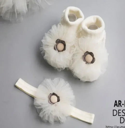 Baby headband and socks set in regenerated cellulose fibre, medium tube spring socks, infant girl 0-1 year