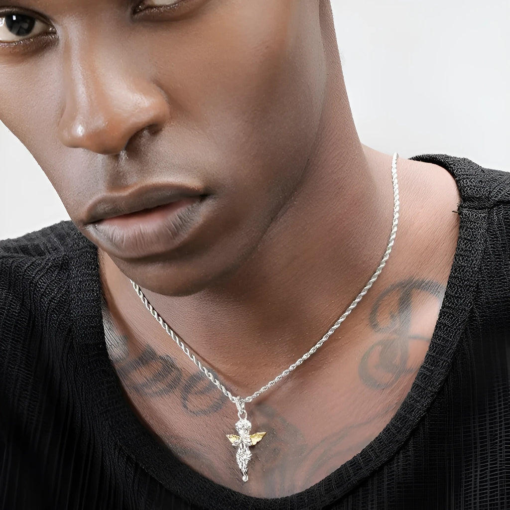 925 sterling silver gold winged angel pendant necklace for men with steel or sterling silver chain options