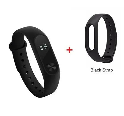 Black Xiaomi Mi Band 2 smartband with OLED screen on an adjustable thermoplastic wrist strap.