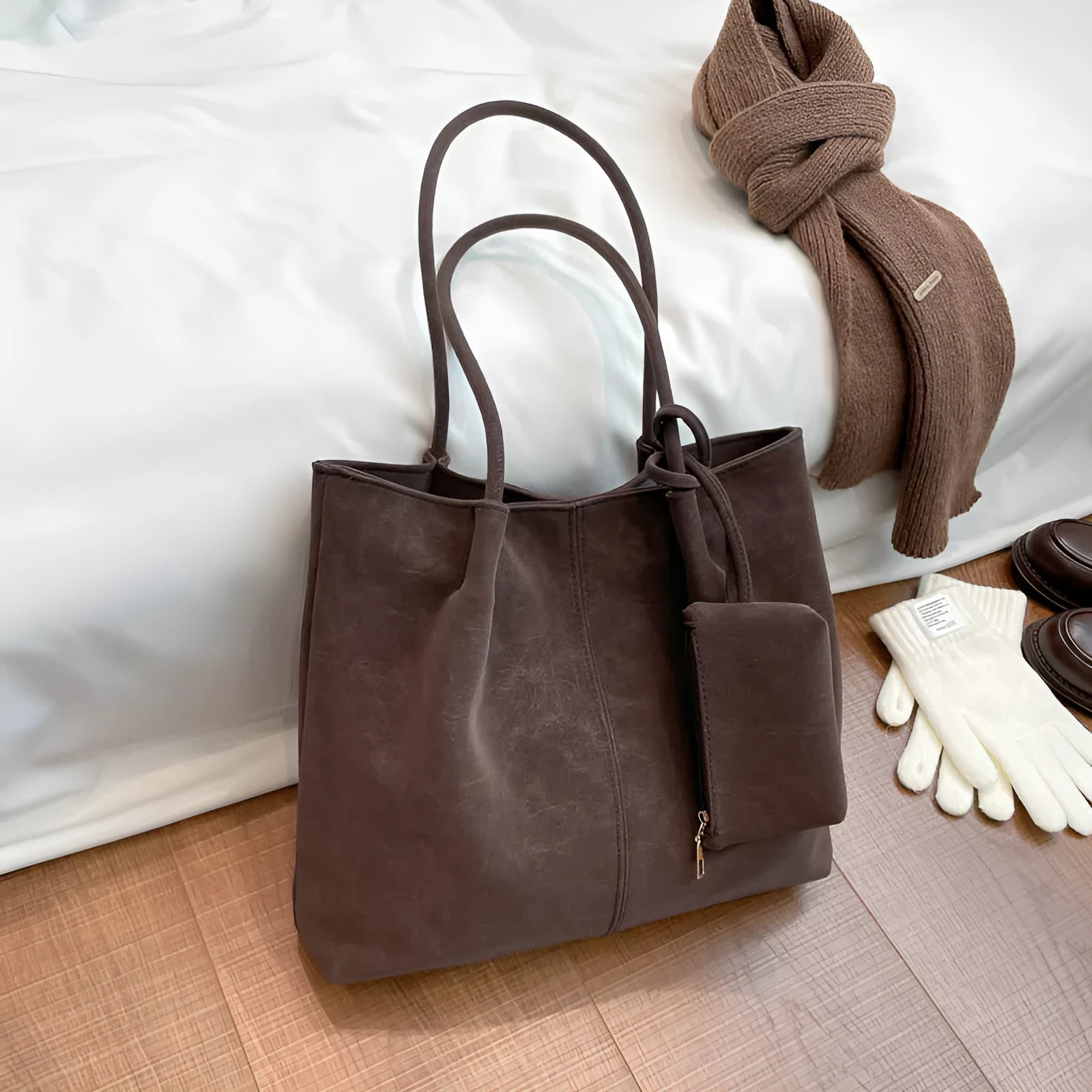 Women's large-capacity matte suede shoulder bag in horizontal rectangle shape with stitched seams