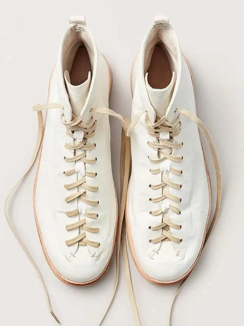 High-top microfibre board shoes with platform sole and lace-up closure, white colourway