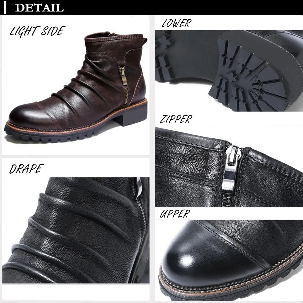Men's black cowboy boots with side zip fastening and embossed leather-look texture