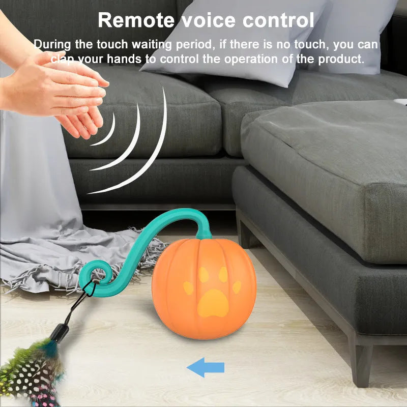 Electric cat toy ball with LED light in watermelon design showing automatic movement pattern