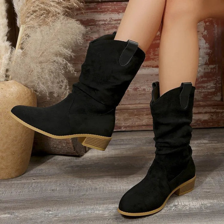 Pointed suede boots for women in black or red with hollow out detail, PU upper and lining, rubber sole, sizes 36-43