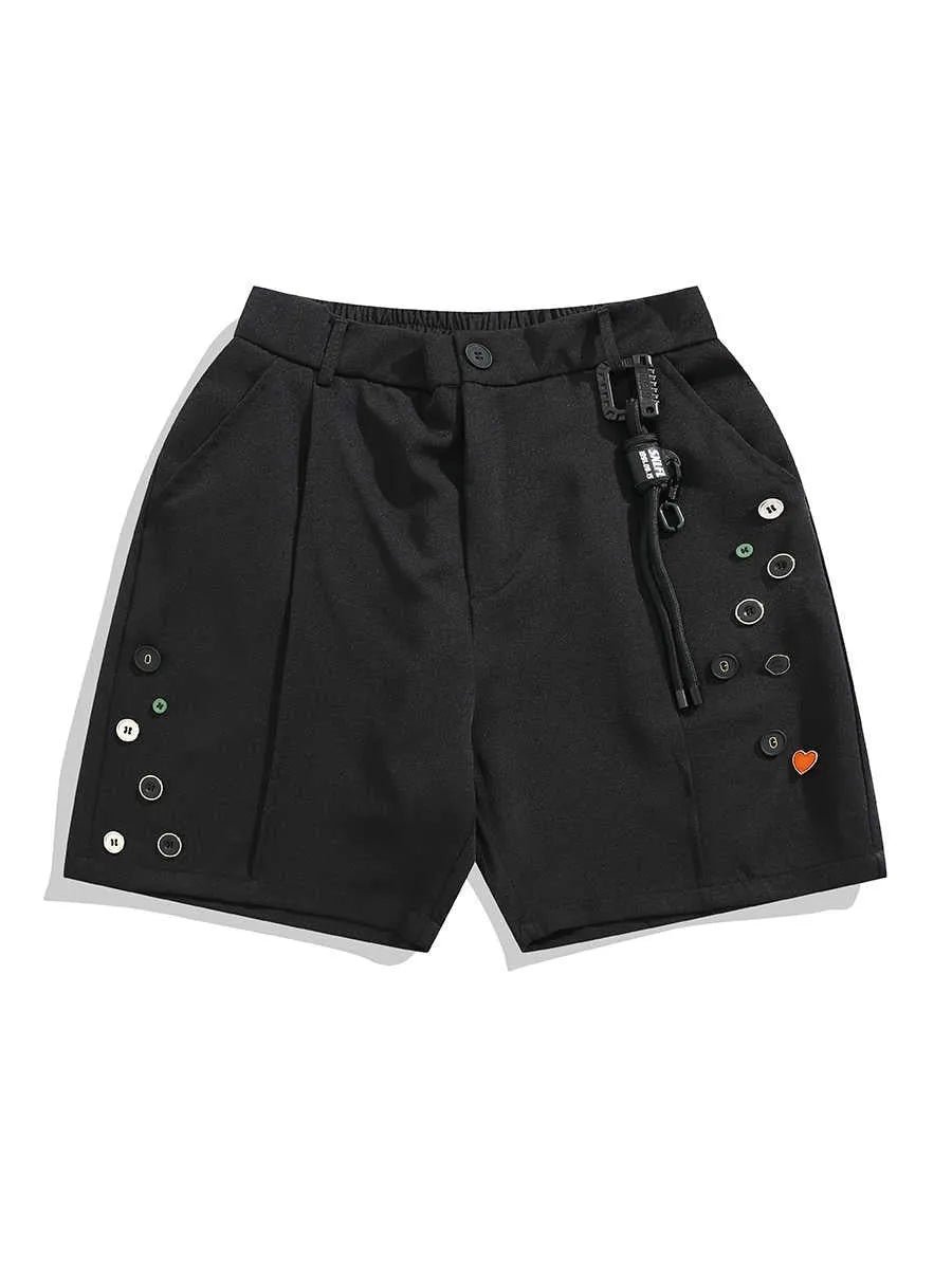 Black loose-fit men's shorts with a semi-elastic waist, zipper fly, and a colour button.