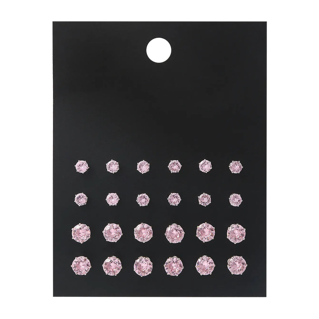 Pink round women's earrings set of 12 pairs on display, alloy with electroplated finish, geometric stud style