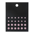 Pink round women's earrings set of 12 pairs on display, alloy with electroplated finish, geometric stud style