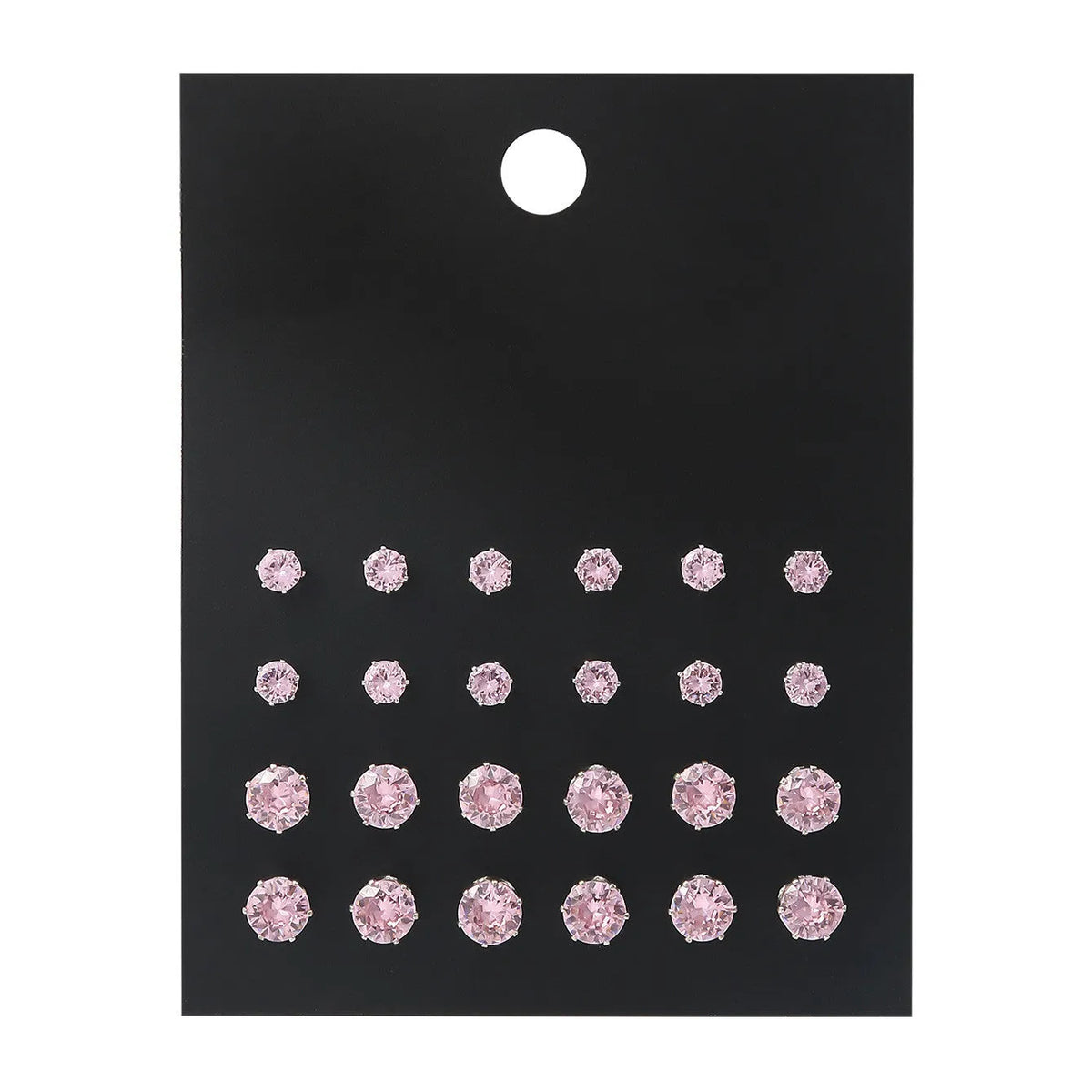 Pink round women's earrings set of 12 pairs on display, alloy with electroplated finish, geometric stud style