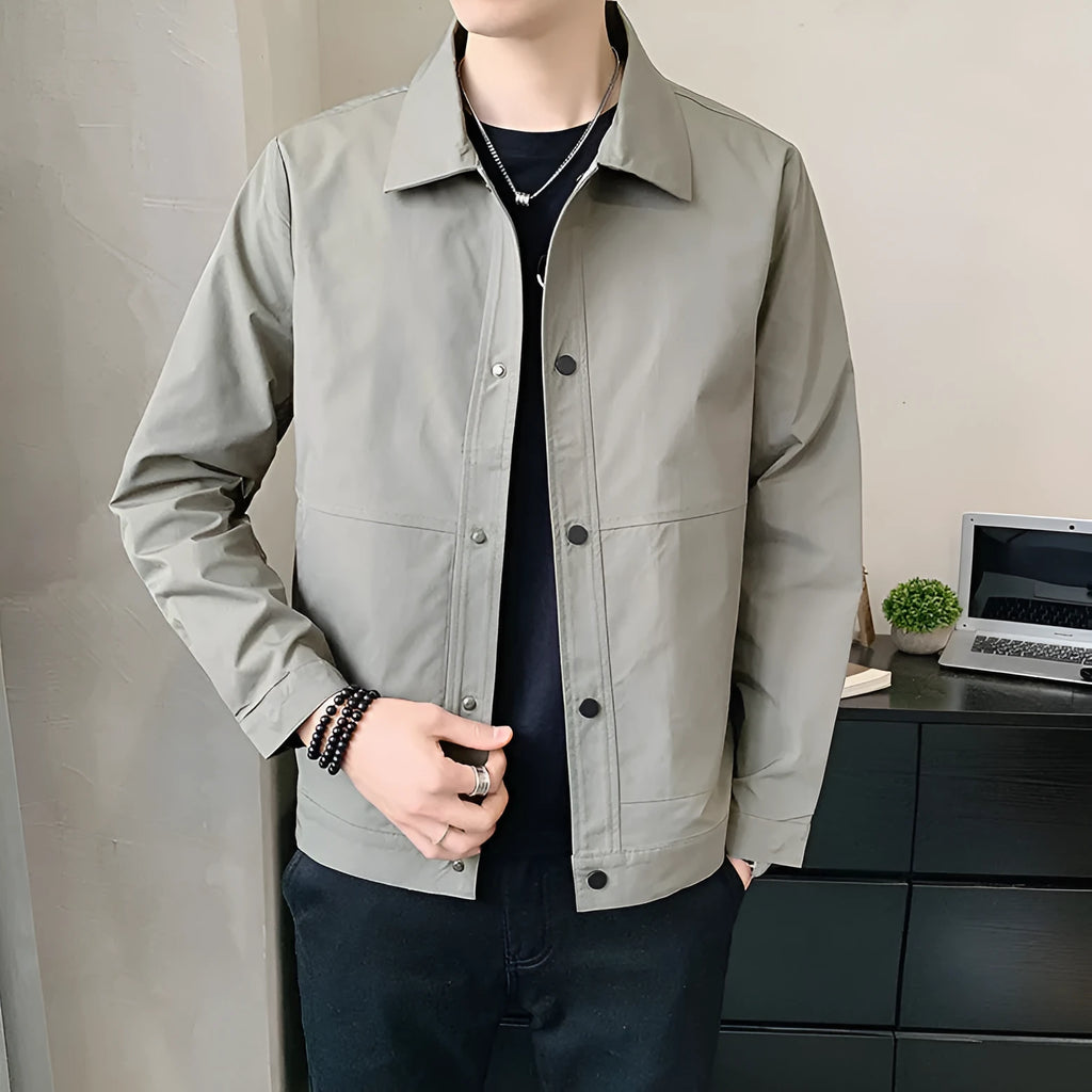 Men's thin single-layer Korean style jacket in a neutral colour on a hanger.