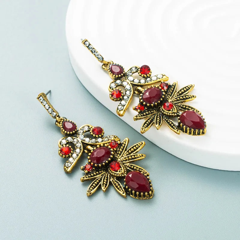 Retro ethnic alloy rhinestone geometric drop earrings in red or green for women