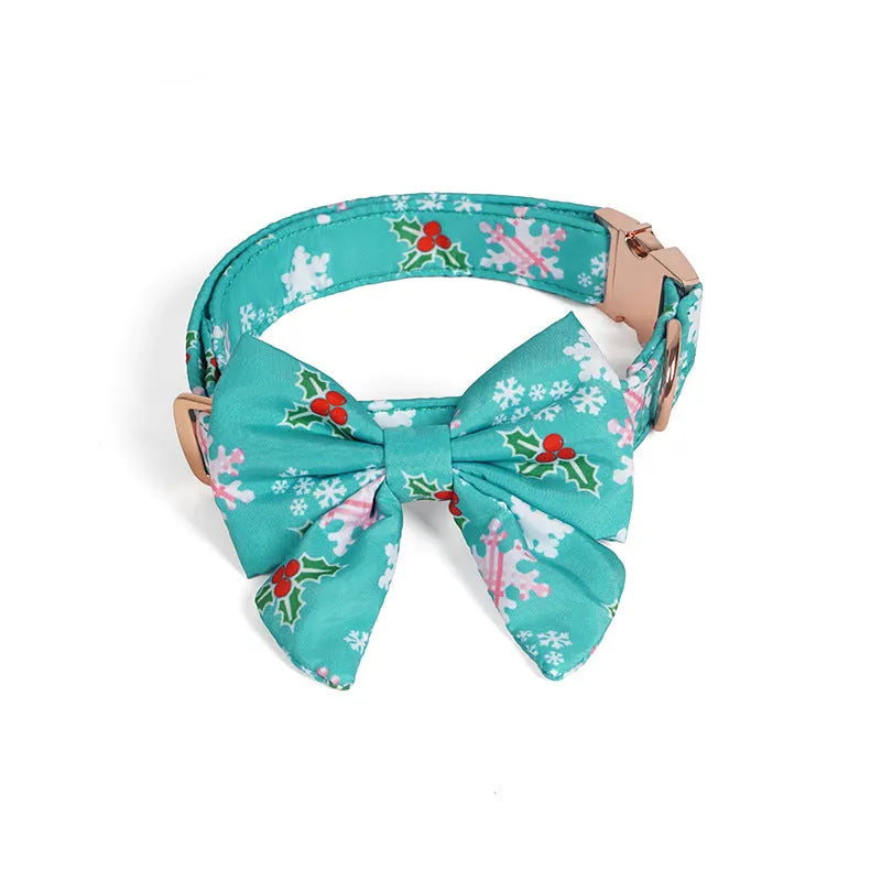 Pure cotton dog necklace with removable Christmas flower bow tie in blue, green, or red, sizes S M L.