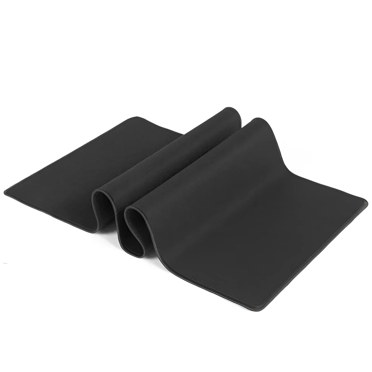 Extra long black mouse pad with stitched edges on a desk showing keyboard and mouse placement