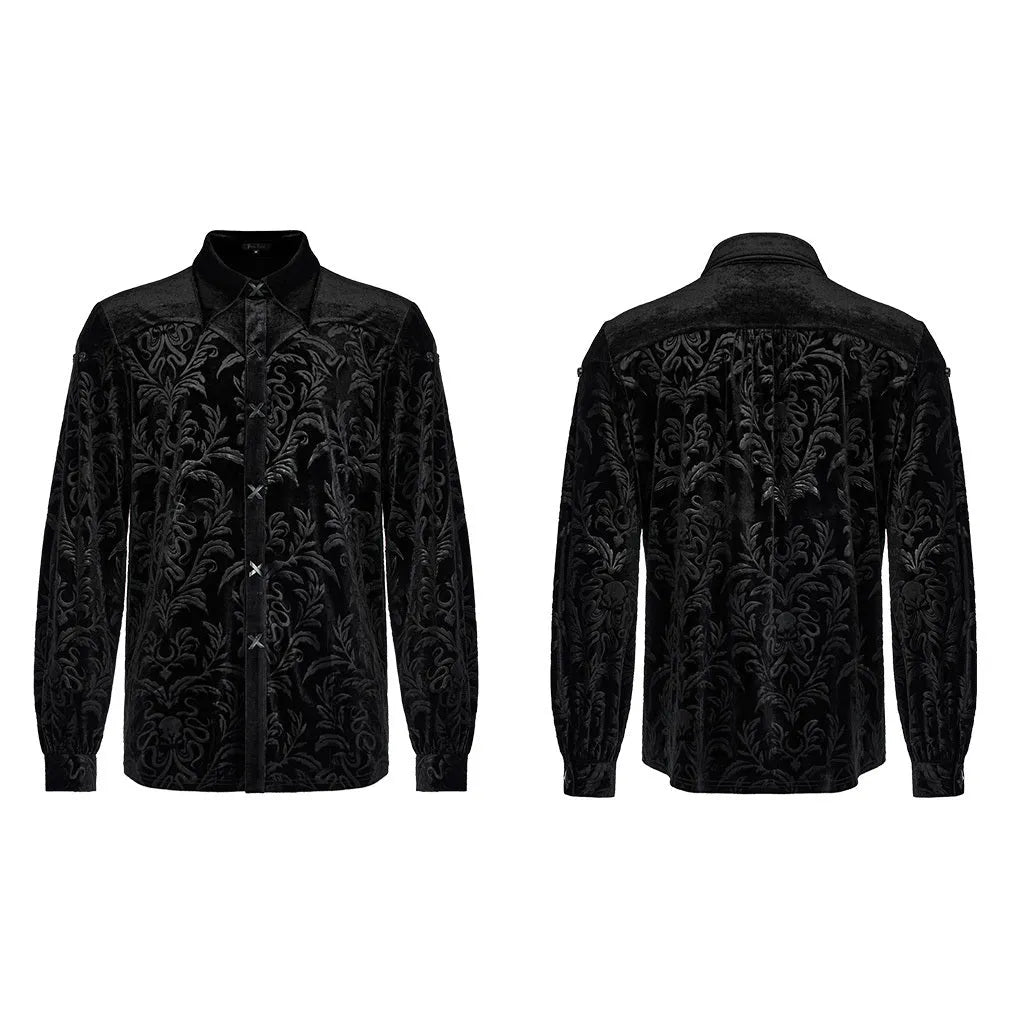 Black velvet men's shirt with pointed collar, long sleeves, and printed flocked Gothic preppy design detail.