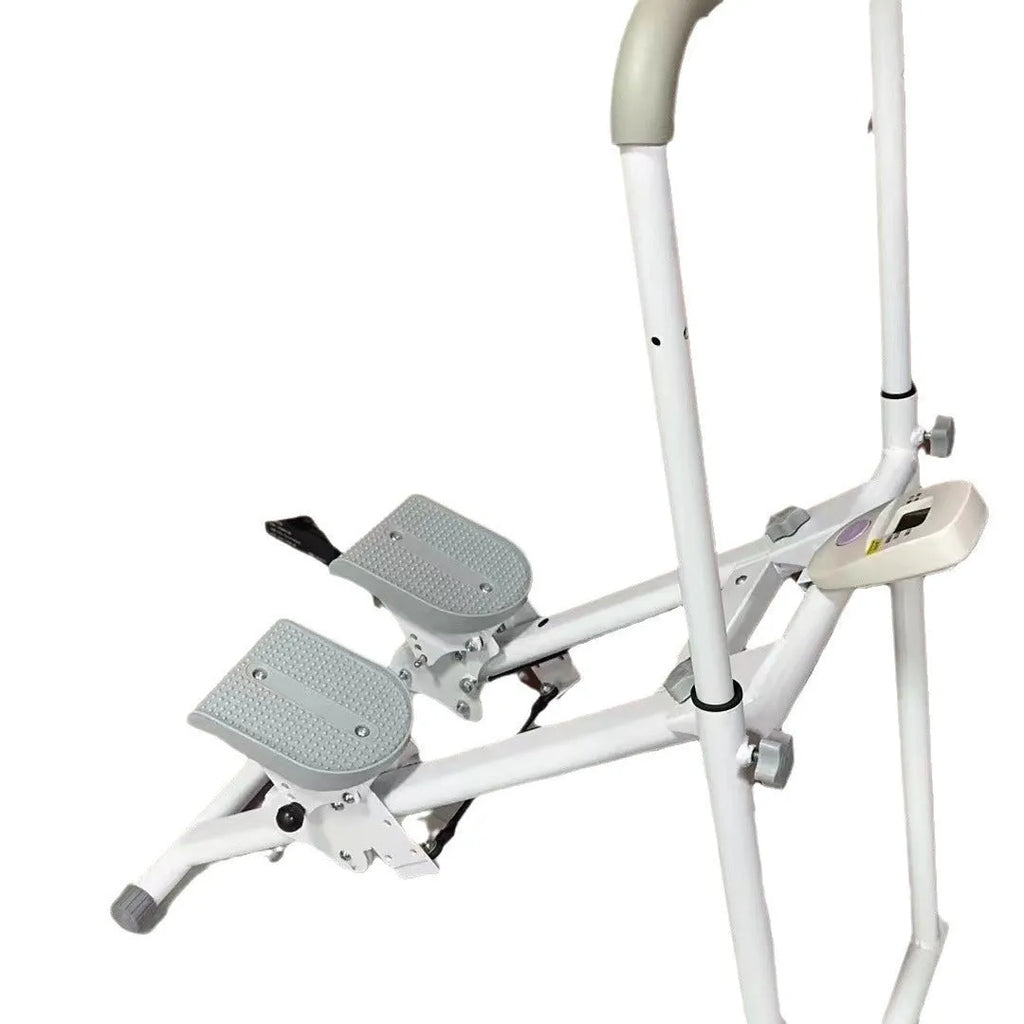 Foldable white home treadmill with climbing frame in unfolded position for indoor exercise