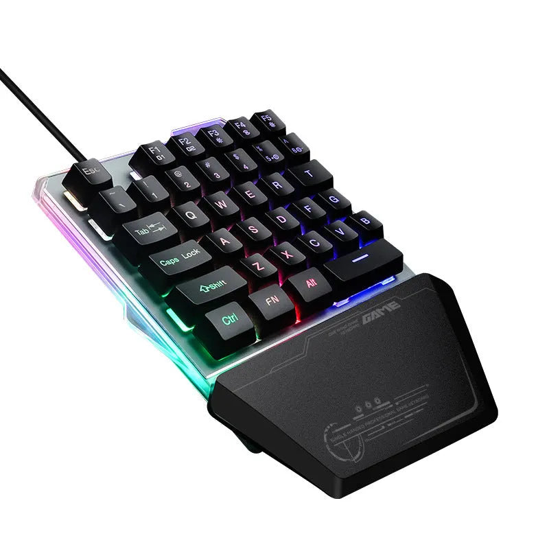 Black robotic one-handed gaming keyboard with RGB backlight and 1.8 metre USB cable