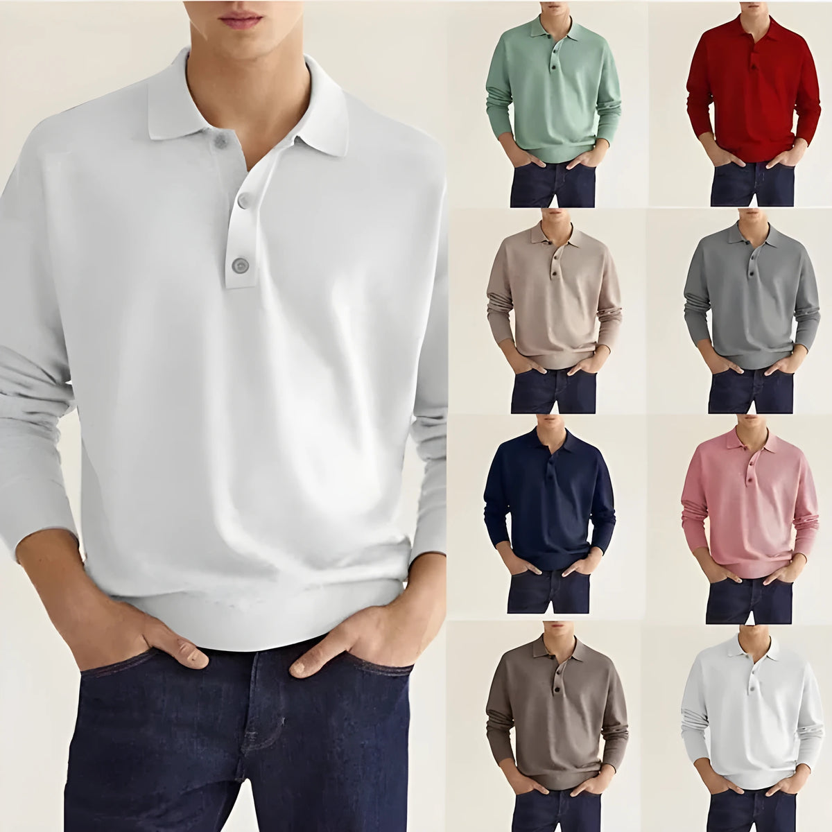 Men's long sleeve V-neck button polo shirt in cotton blend, available in 11 colours and sizes S to 2XL