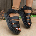 Thick sole beach sandals with PU upper and fish mouth toe design in black, white, and orange colours