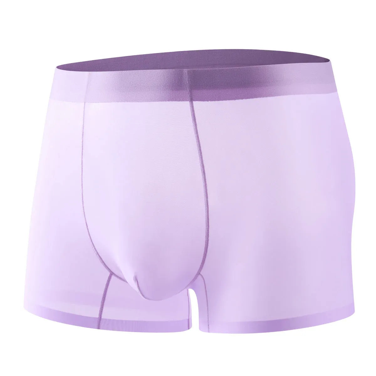 Men's ice silk boxer briefs in white, shown flat to highlight seamless construction.