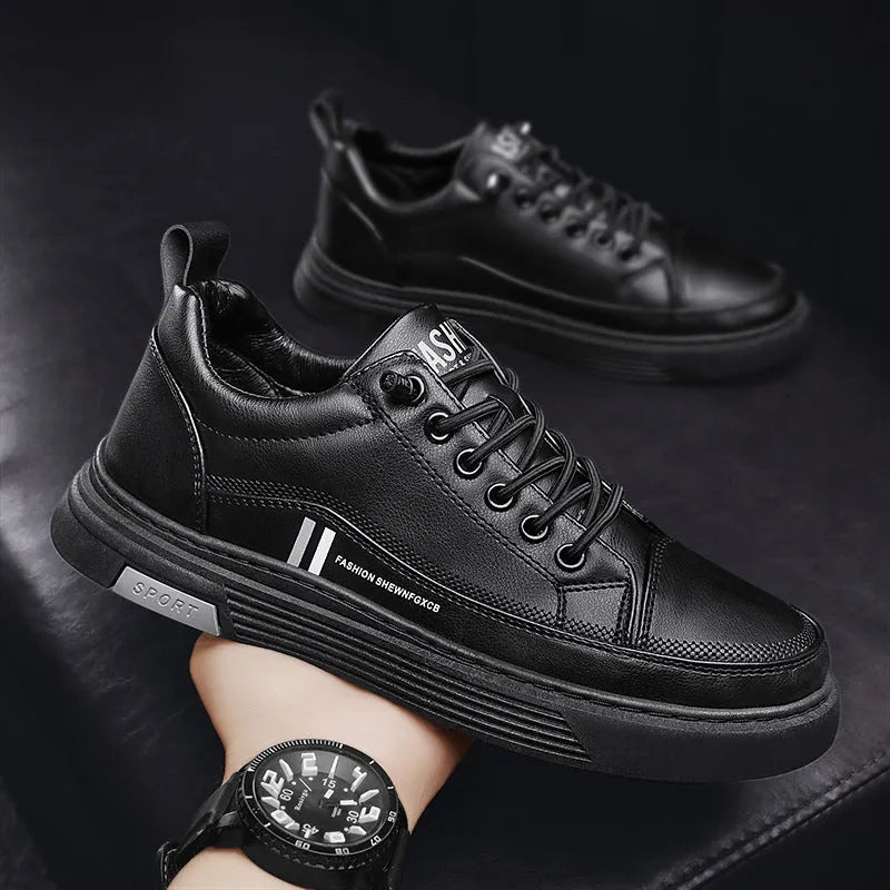 Men's black and white low-top skate shoes with elastic band and rubber sole