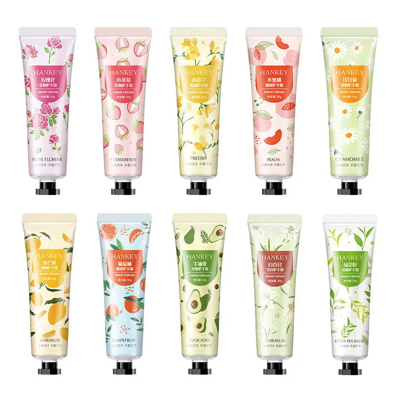 30g tube of fruit-infused hand cream with eleven scent options including avocado, chamomile and rose