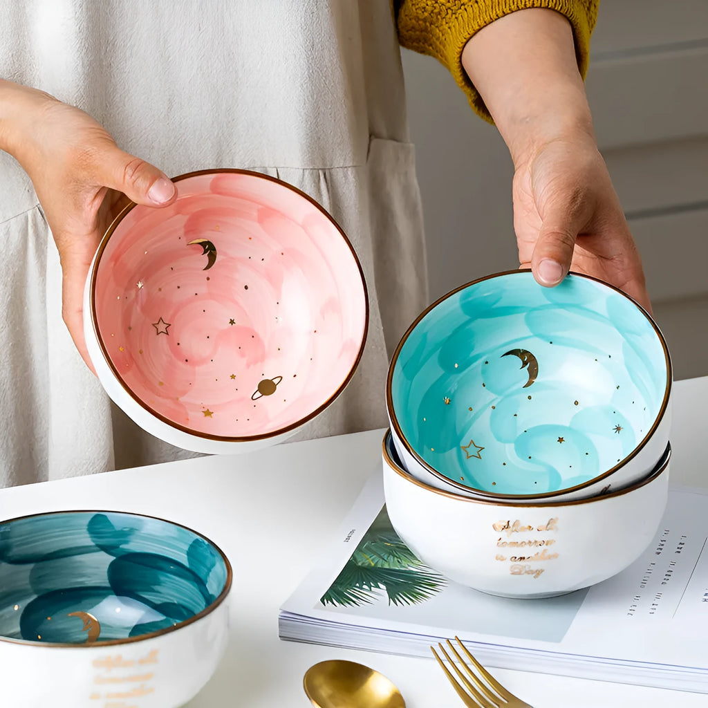 Ceramic breakfast salad bowl with star interior, Nordic style, green colour, 12 cm diameter