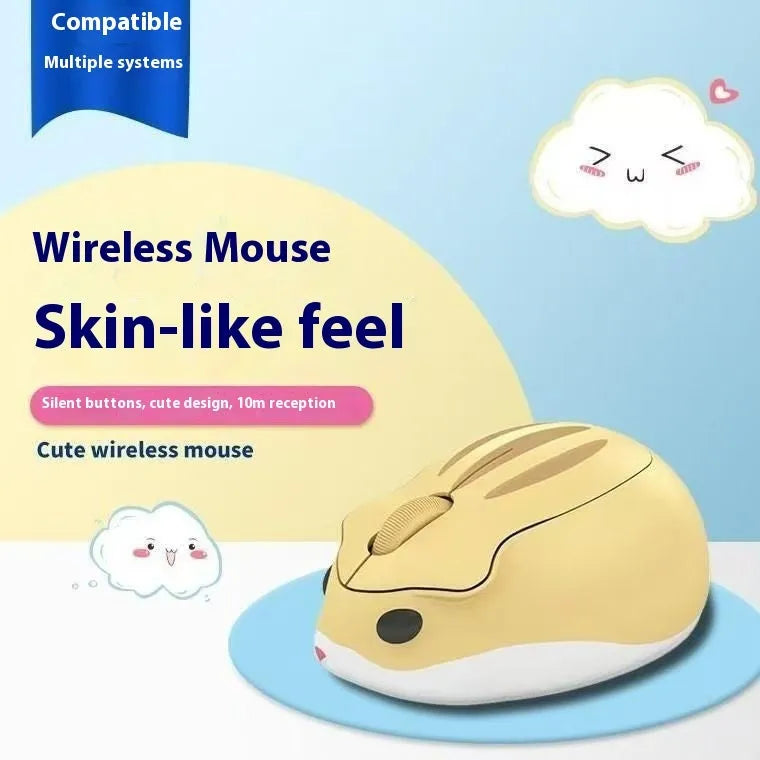 Hamster wireless Bluetooth mute mouse in grey, pink, or yellow colour on a desk.