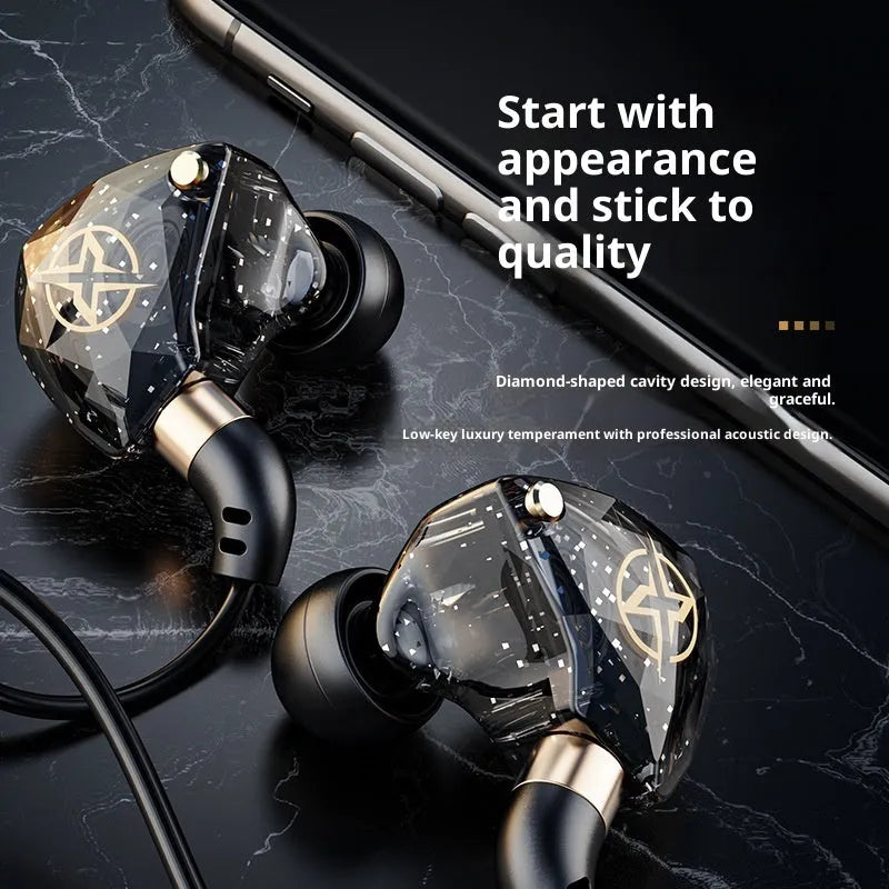Extra bass wired headset with silicone earbuds and 3.5mm L plug in black cable
