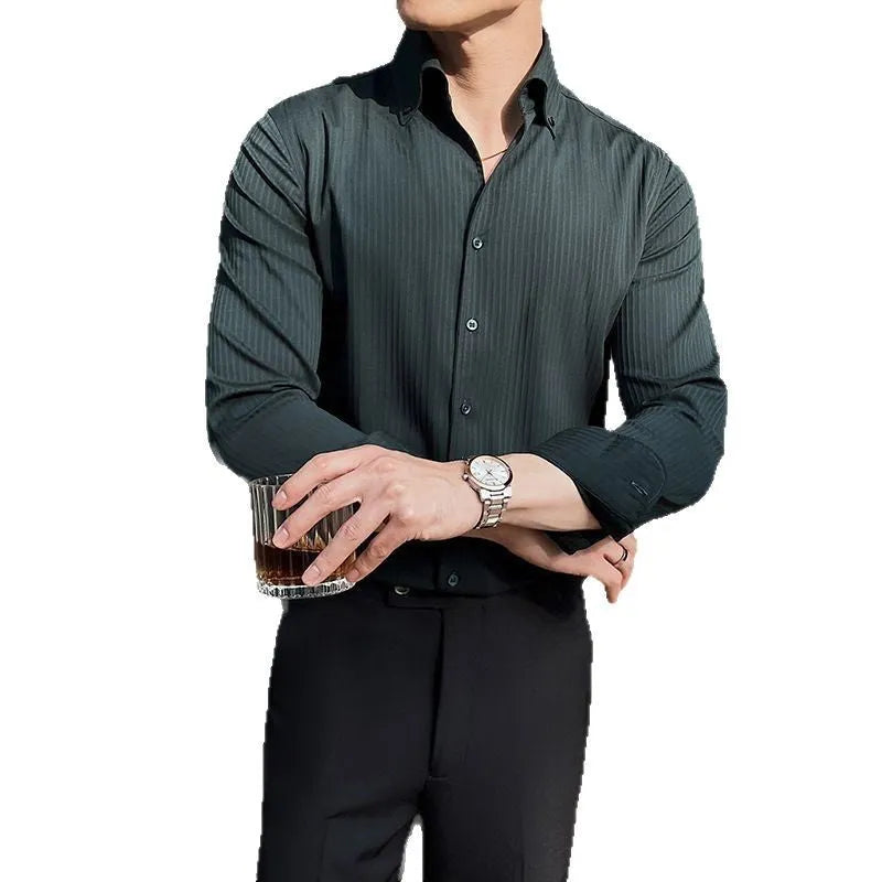 Men's striped V-neck long sleeve casual shirt in polyester blend fabric showing cardigan style