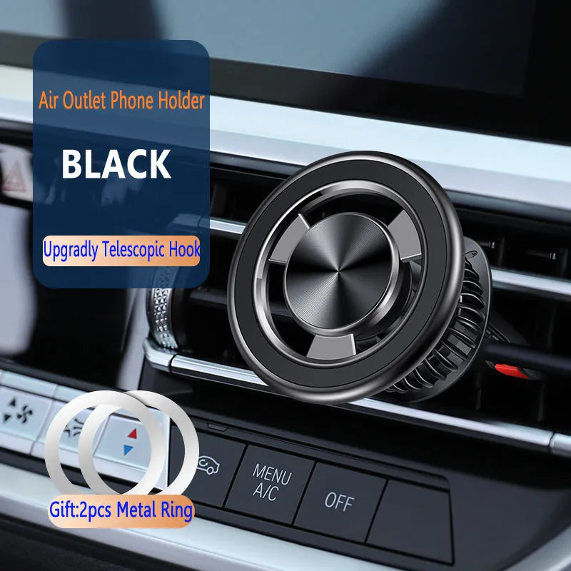 Black car air vent magnetic phone holder with adjustable clip and magnetic attachment