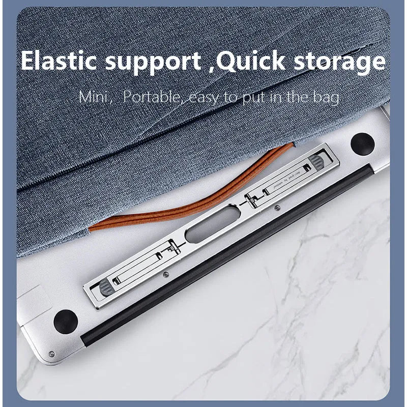 Aluminium alloy adjustable laptop cooling bracket in silver on a desk raising a notebook for better airflow and ergonomics
