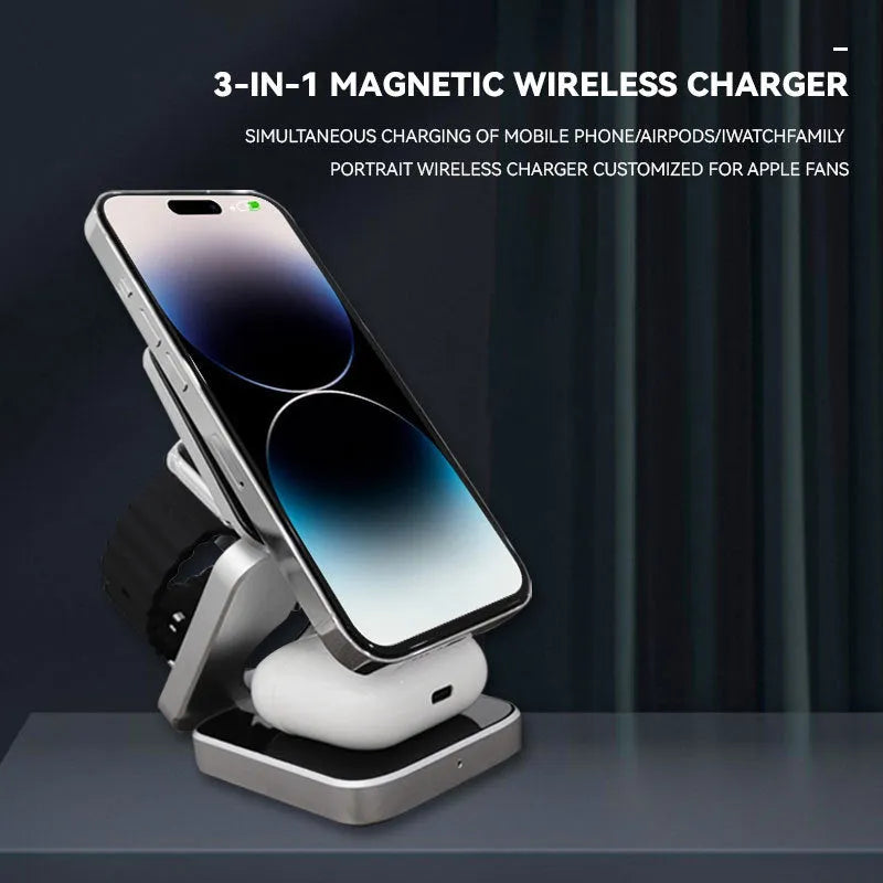 Three-in-one desktop wireless charging bracket unfolded on desk with iPhone, Samsung phone, and Google Pixel Watch positioned for charging
