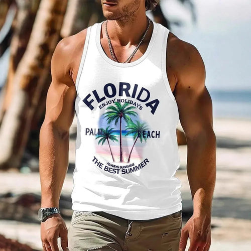 Man wearing a solid-colour 3D printed sleeveless vest in a Hawaiian style.
