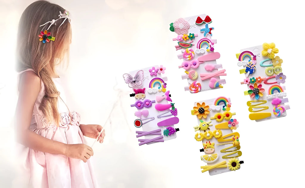 14-piece toddler hair accessories set with colourful silicone barrettes and cloth clips depicting candy, fruit, rainbow and butterfly designs.