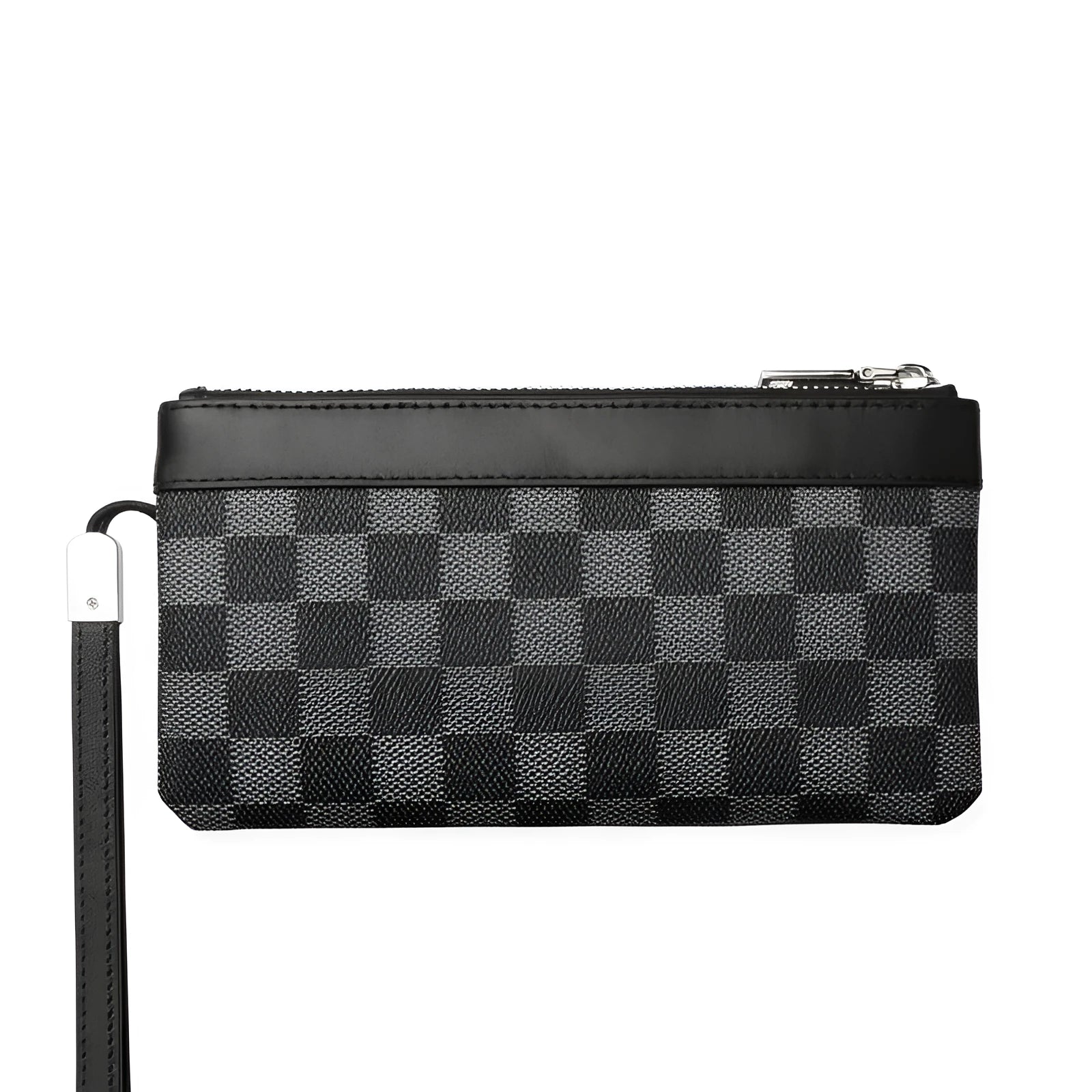 Black plaid pattern genuine cowhide leather men's wallet showing 20x10 cm dimensions