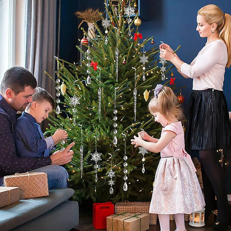 10 clear acrylic icicle Christmas tree hanging pendants with ribbon, transparent finish, indoor winter decor set