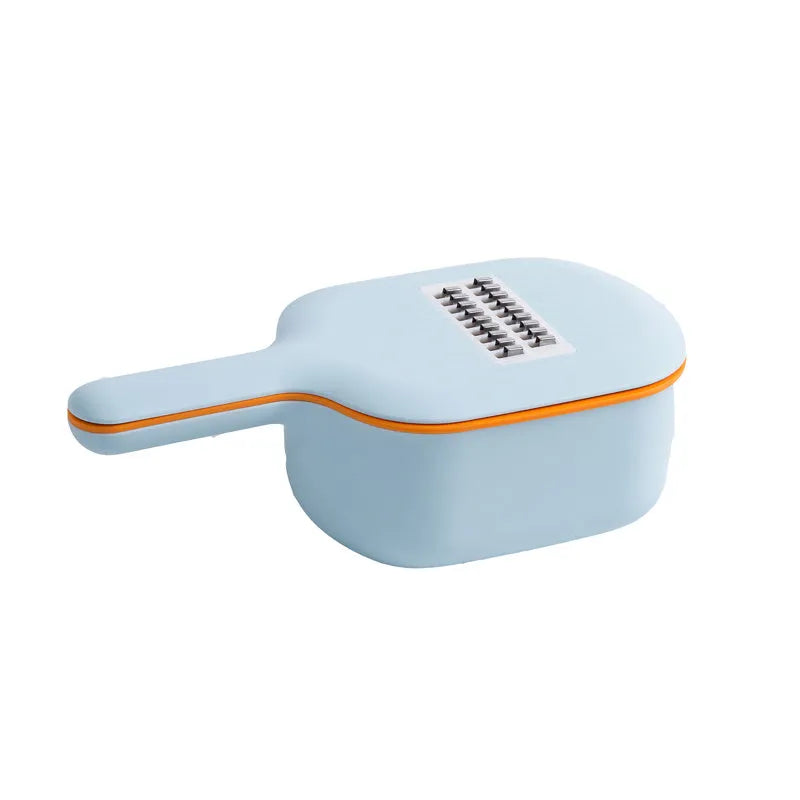 Vegetable cutter with four blades, hand protector, drain basket, bottom basin, 28.5 x 8.5cm, stainless steel and ABS