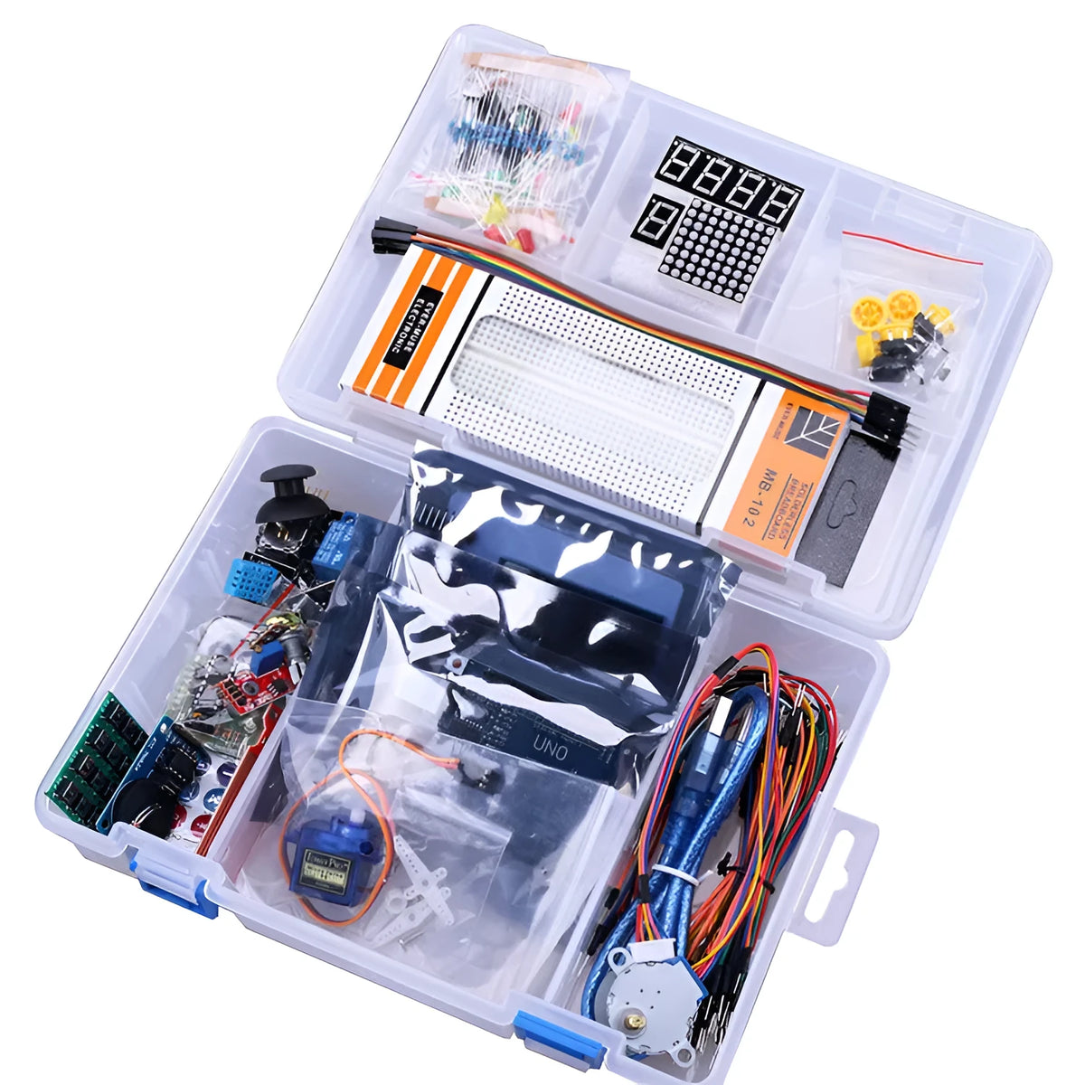 RFID upgraded Arduino starter kit with UNO R3 board, stepper motor, servo, breadboard, and modules
