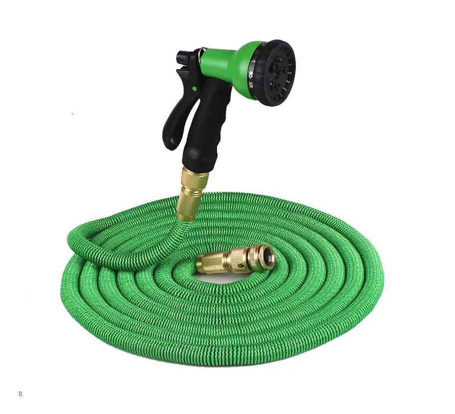 Expandable flexible water hose with braided outer sleeve, available in 25ft to 125ft sizes and Black Green Red colours.